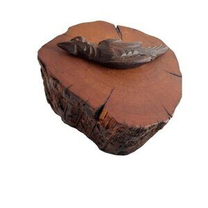 1970s Spancraft Handmade Wooden Live-Edge Trinket Box With Carved Bird Vintage